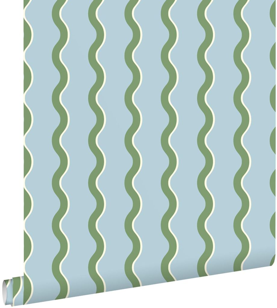 ESTAhome Tapete wellenförmige Streifen Blau und Grün 50 x 900 cm