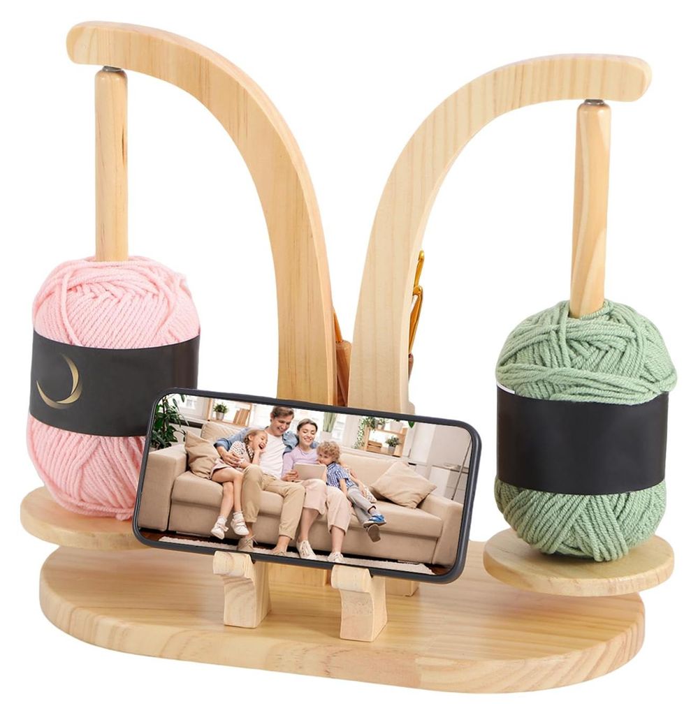 Wollabwickler Magnetisch, Wollhalter Holz mit Strickzubehör Organizer und Handyhalterung, Doppel Garnballhalter Ständer für Heimwerker Nähbegei...