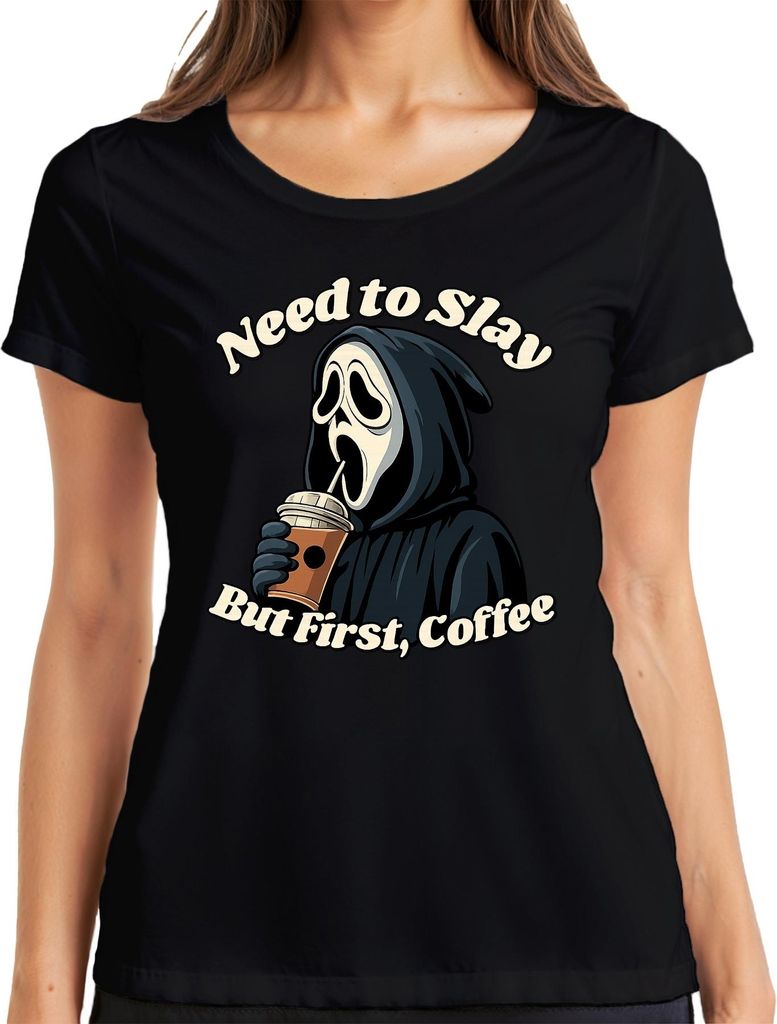 But First Coffee Sensenmann Halloween Kaffee Gothic Lustig Grusel Damen T-Shirt, Schwarz, XL
