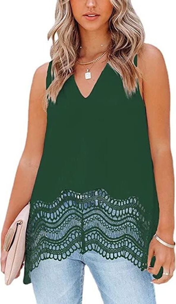 ASKSA Damen Ärmellose Bluse Tank Top V-Ausschnitt Chiffon Spitzensaum Loose Shirts Oberteil, Grün, XL