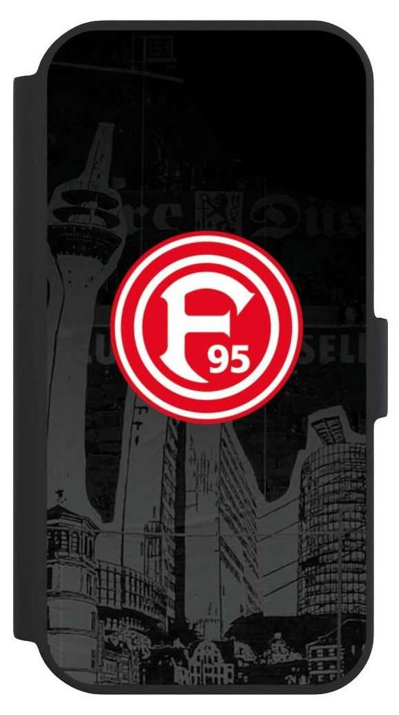 NIVOCASE Klapphülle für Apple iPhone 15 Handyhülle aus Kunst Leder NIVOflip schwarz Fortuna Düsseldorf Logo Offizielles Lizenzprodukt