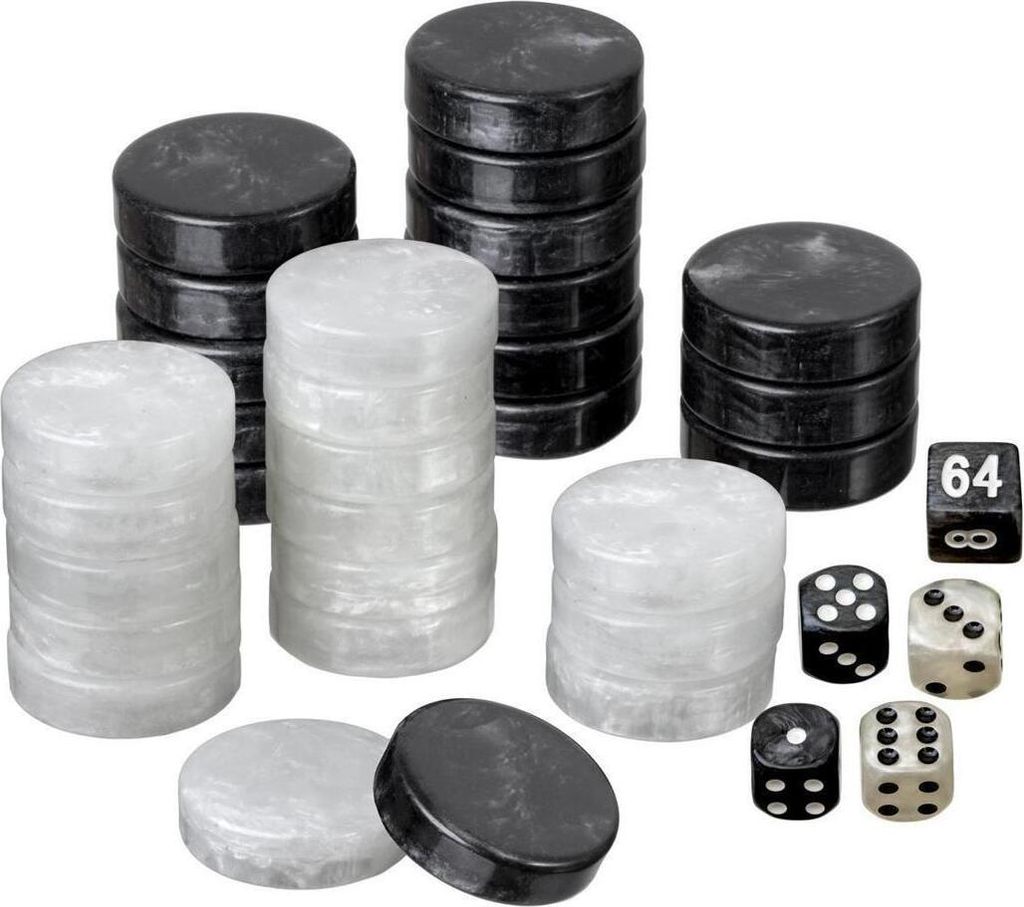 Backgammon Spielsteine groß 34x10mm Kunststoff schwarz/weiß mit Würfeln