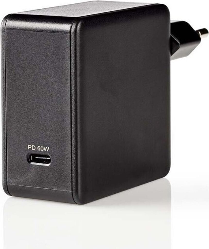 A black USB-C power adapter with 'PD 60W' text and a USB-C port visible.