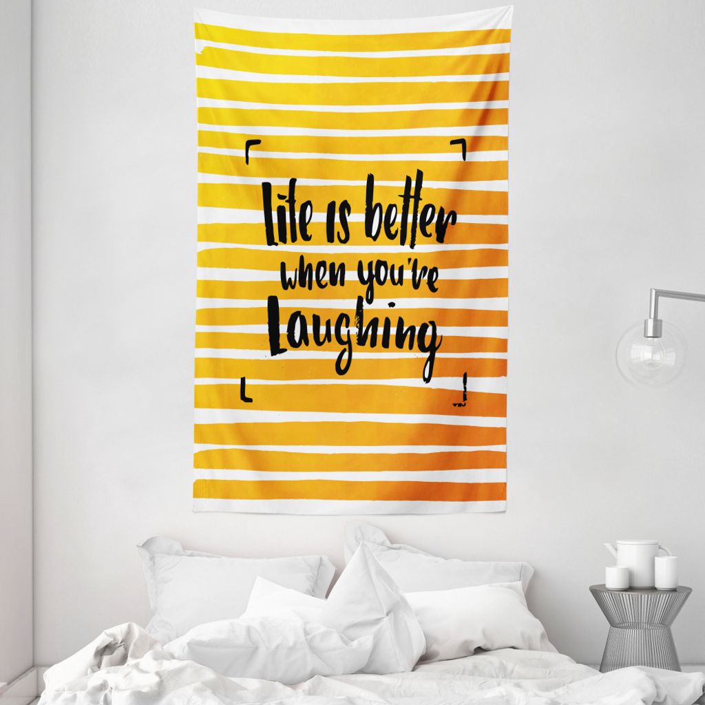 ABAKUHAUS Zitat Wandteppich und Tagesdecke, Immer Lachen Gestreifte aus Weiches Mikrofaser Stoff Waschbar ohne Verblassen Digitaldruck, 140 x 230 c...