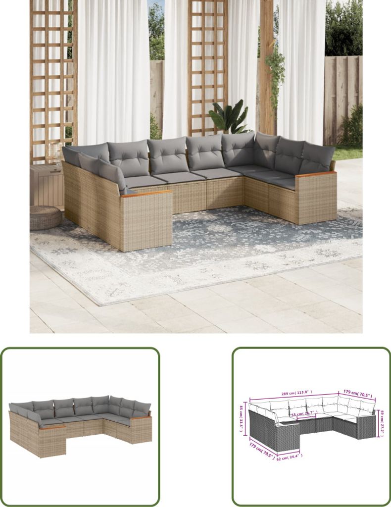 The Living Store 9-tlg. Garten-Sofagarnitur mit Kissen Beige Poly Rattan