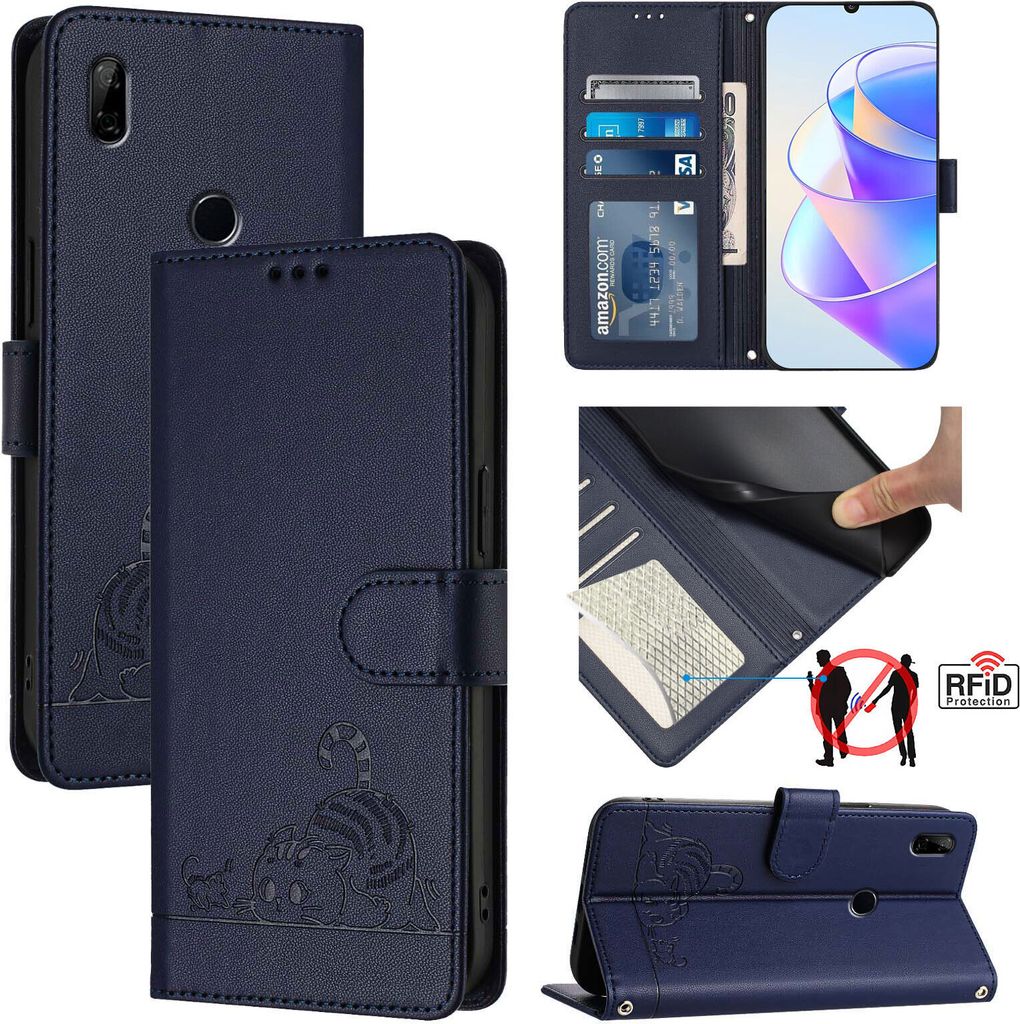 Leder Hülle für Huawei P Smart Z / Y9 Prime 2019/Enjoy 10 Plus Süße Katze Flip Case Brieftasche Schutzhülle mit Standfunktion Blau