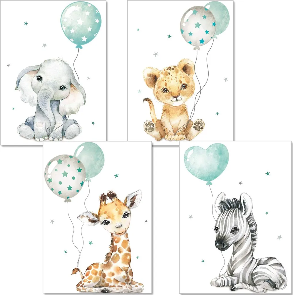 Décoration Murale Enfant Jungle Balloon - Illustration Menthe et Gris