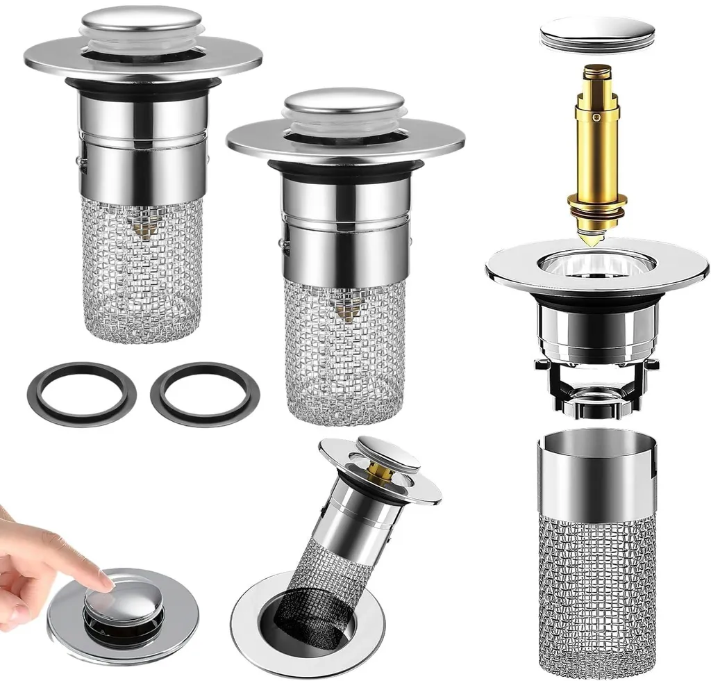 Bouchon de Lavabo Inox 3-en-1 à Ressort avec Tamis de Drainage - Lot 2