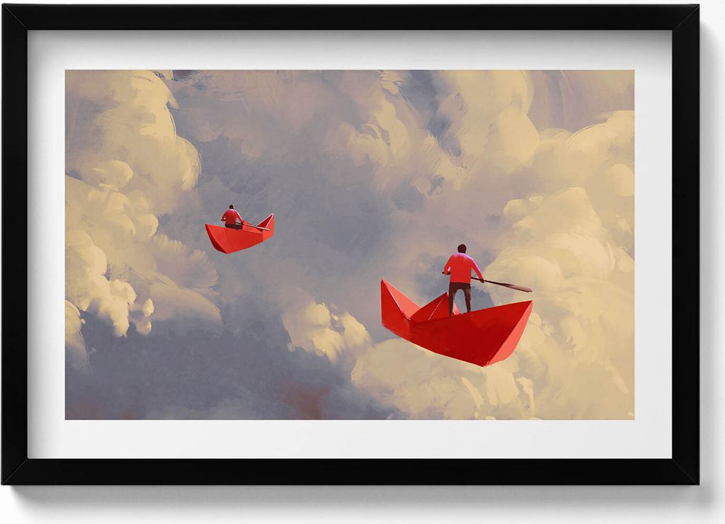 Papierbootfahrt– Wandbild mit Rahmen – Gerahmtes Bild – Wanddekoration – 60x40 cm – Schwarz Rahmen