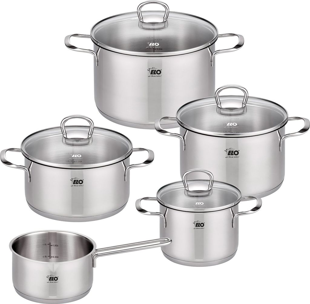 ELO Jaspis Topfset aus Edelstahl 18/8, 9-teilig Perfekt für jede Küche, hitzebeständig, inklusive Glasdeckel, Ø 16-24 cm