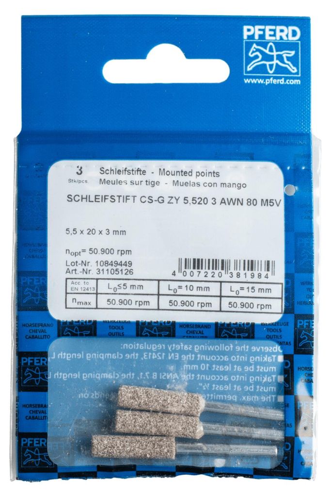 PFERD TOOLS CAIN SHARP Schleifstift CS-G Zylinder Ø 3,8x20mm Schaft-Ø 3 mm A80 zum Schärfen von Sägeketten 3 Stk