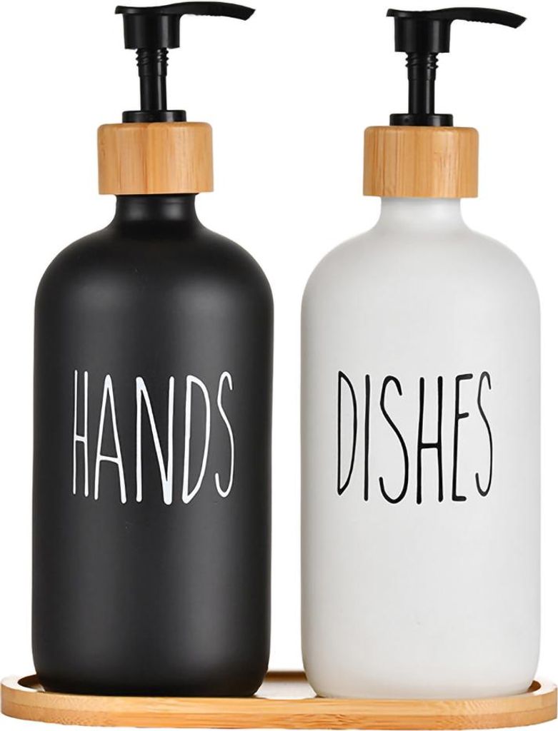Seifenspender-Set aus Glas, 500 ml, mattschwarzes Badezimmer-Set mit Ablage, Seifenspender für Shampoo, Lotion und Handseife für die Küchenarbei...