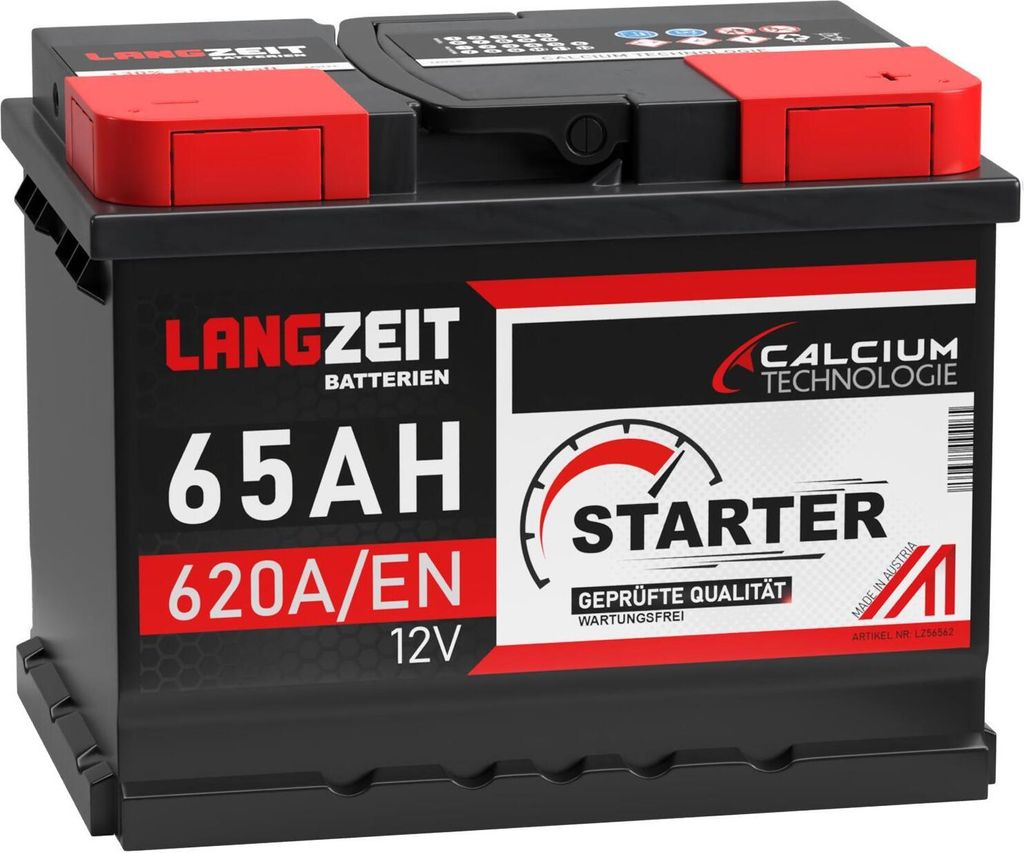 A black car battery with red and white labeling.