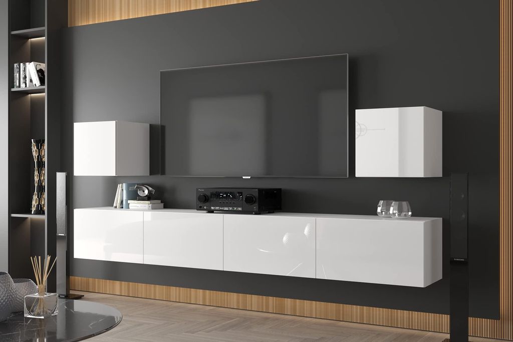 Furnitech Wohnwand Wohnzimmer - Wohnzimmer Möbel mit LED Blau - Hängend Wohnwand Modern - Regale und TV Schrank (Lace AN22-18W-HG2 1C)