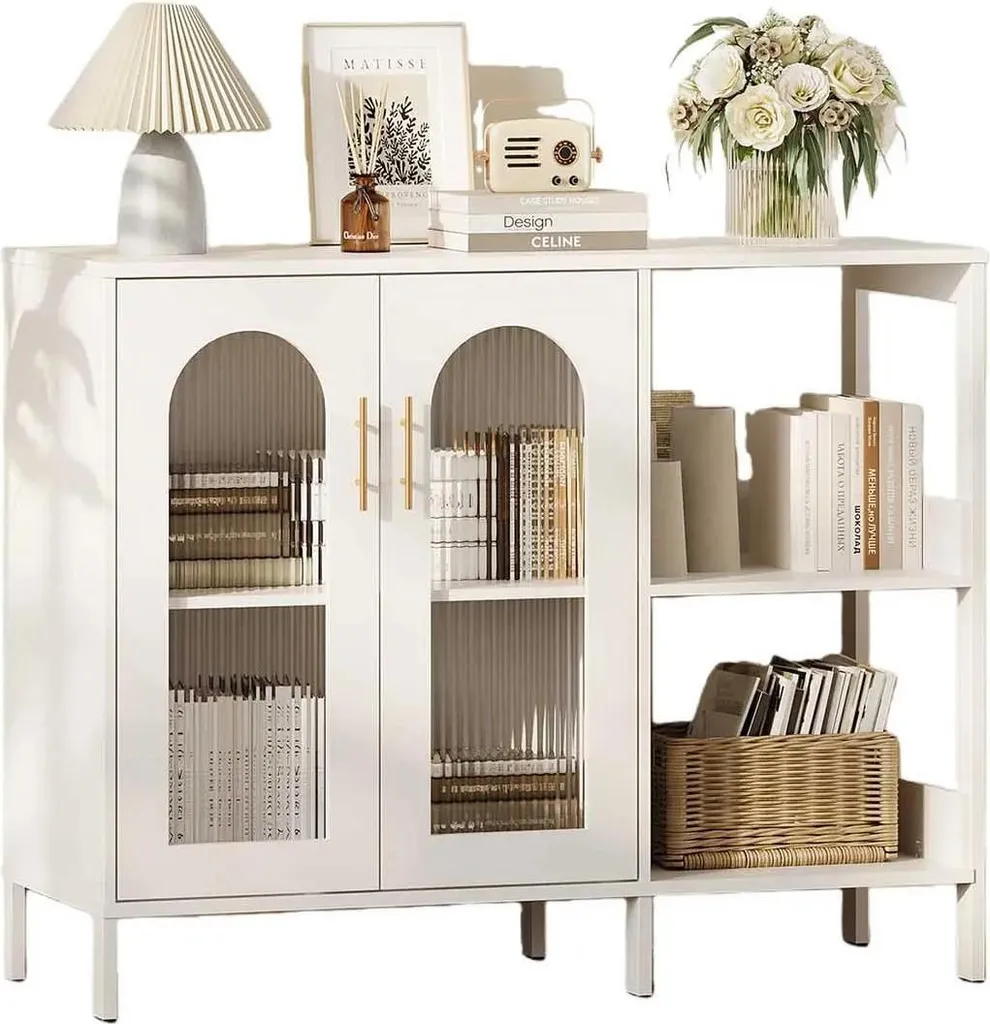 Buffet de cuisine blanc en bois massif - Meuble bas vitré salon 60cm