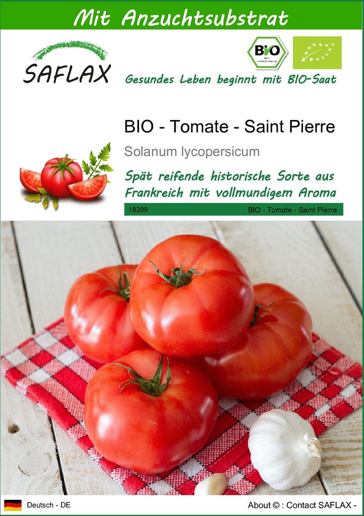 SAFLAX - BIO - Tomate - Saint Pierre - 15 Samen - Mit keimfreiem Anzuchtsubstrat - Solanum lycopersicum