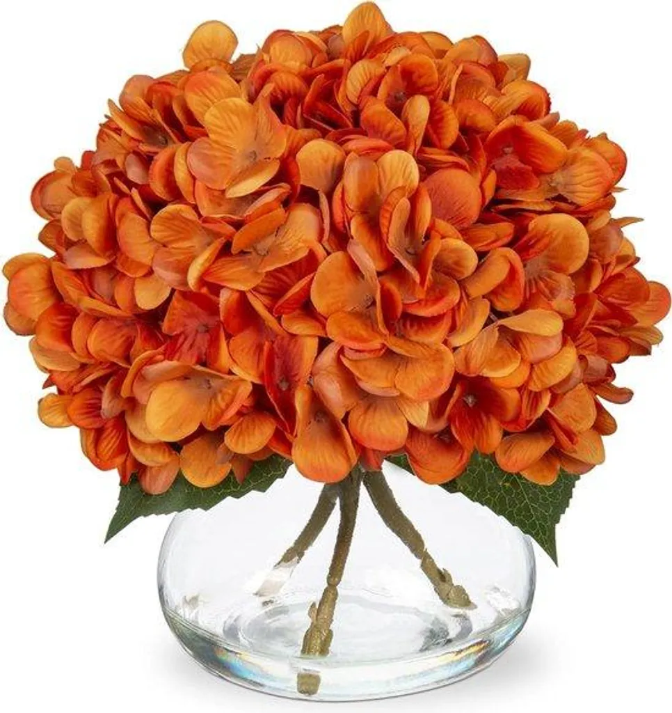 Hortensia artificiel orange en soie avec vase en verre décoratif
