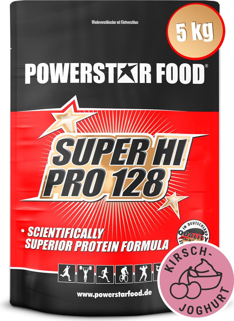 Powerstar SUPER HI PRO 128 | Mehrkomponenten Protein-Pulver 5kg | Höchste Biologische Wertigkeit | Protein-Shake zum Muskelaufbau | Cherry-Yoghurt