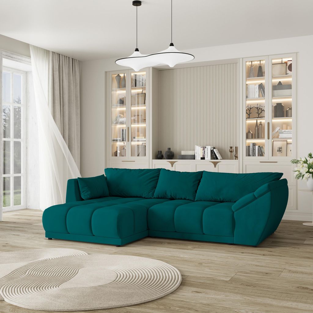 Masseno Ecksofa ORENTI L-S mit Schlaffunktion L-Form, Sofa mit Bettkasten, Wohnzimmersofa, Couch, Soffa, Bettsofa, Couchgarnitur- Blau, MATT VELVET 77