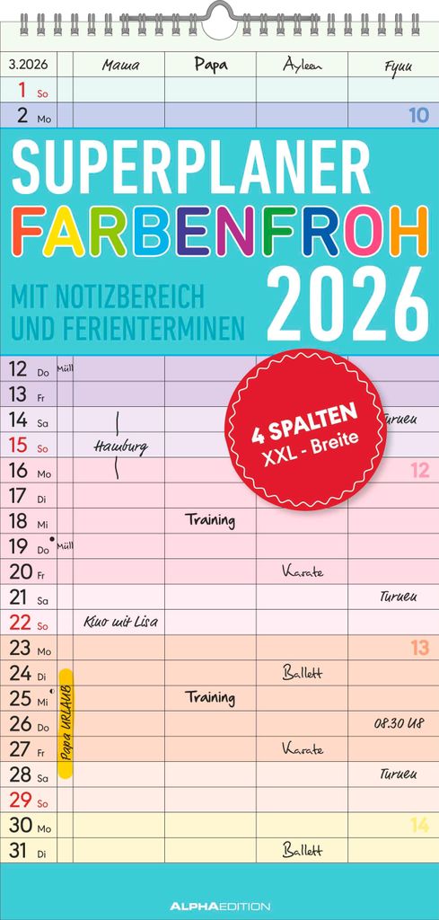 Superplaner Farbenfroh 2026 mit 4 Spalten - Familien-Timer Produktbild 
