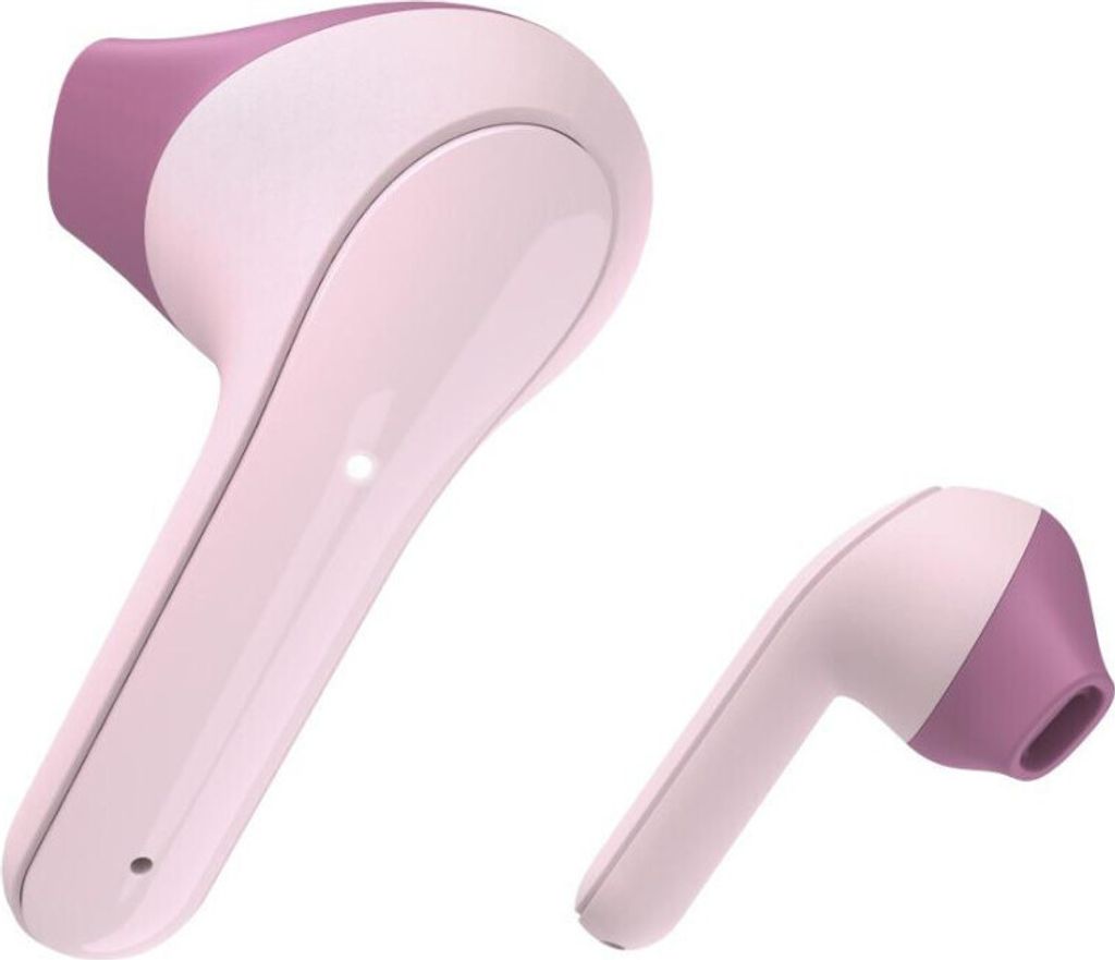 Two pink and purple wireless earbuds are shown against a white background.