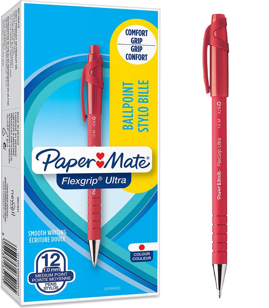 Paper Mate Flexgrip Ultra-Druckkugelschreiber | mittlere Spitze (1,0 mm) | rot | 12er-Box