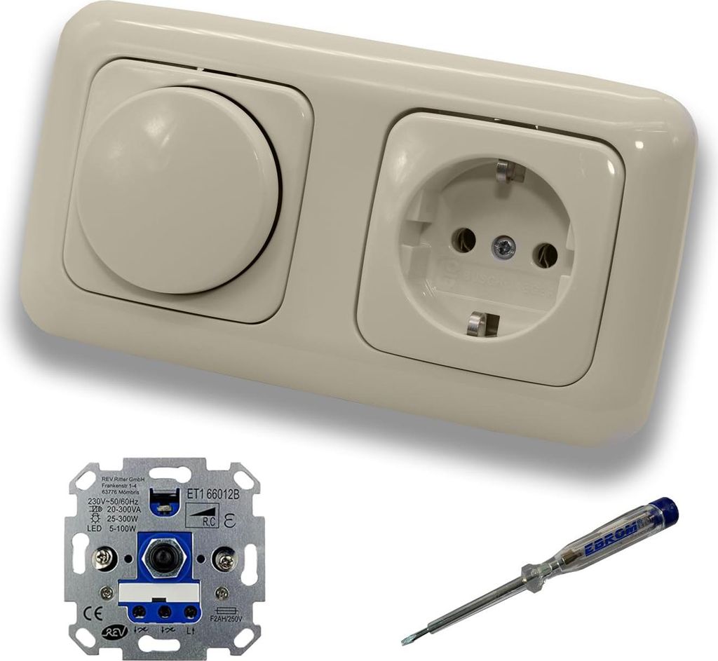 REV Ritter LED Drehdimmer Dimmer + Busch Jäger Dimmerscheibe 2115-212 und Steckdose mit Kinderschutz 20EUCKS-212 in DURO2000 cremeweiß glänzend ...