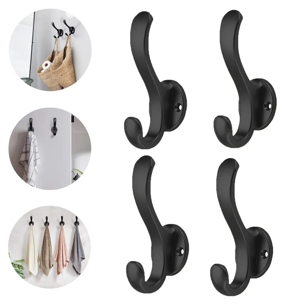 Patères Murales en Métal Noir pour Salle de Bain et Cuisine - Set de 4