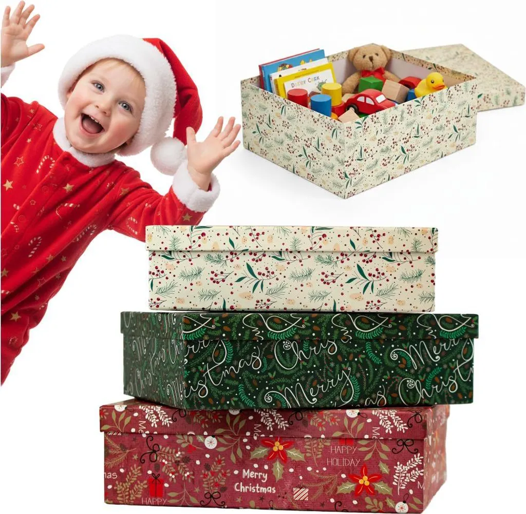 Coffret de Noël : 3 Boîtes Cadeaux Gigognes aux Imprimés Festifs et Colorés