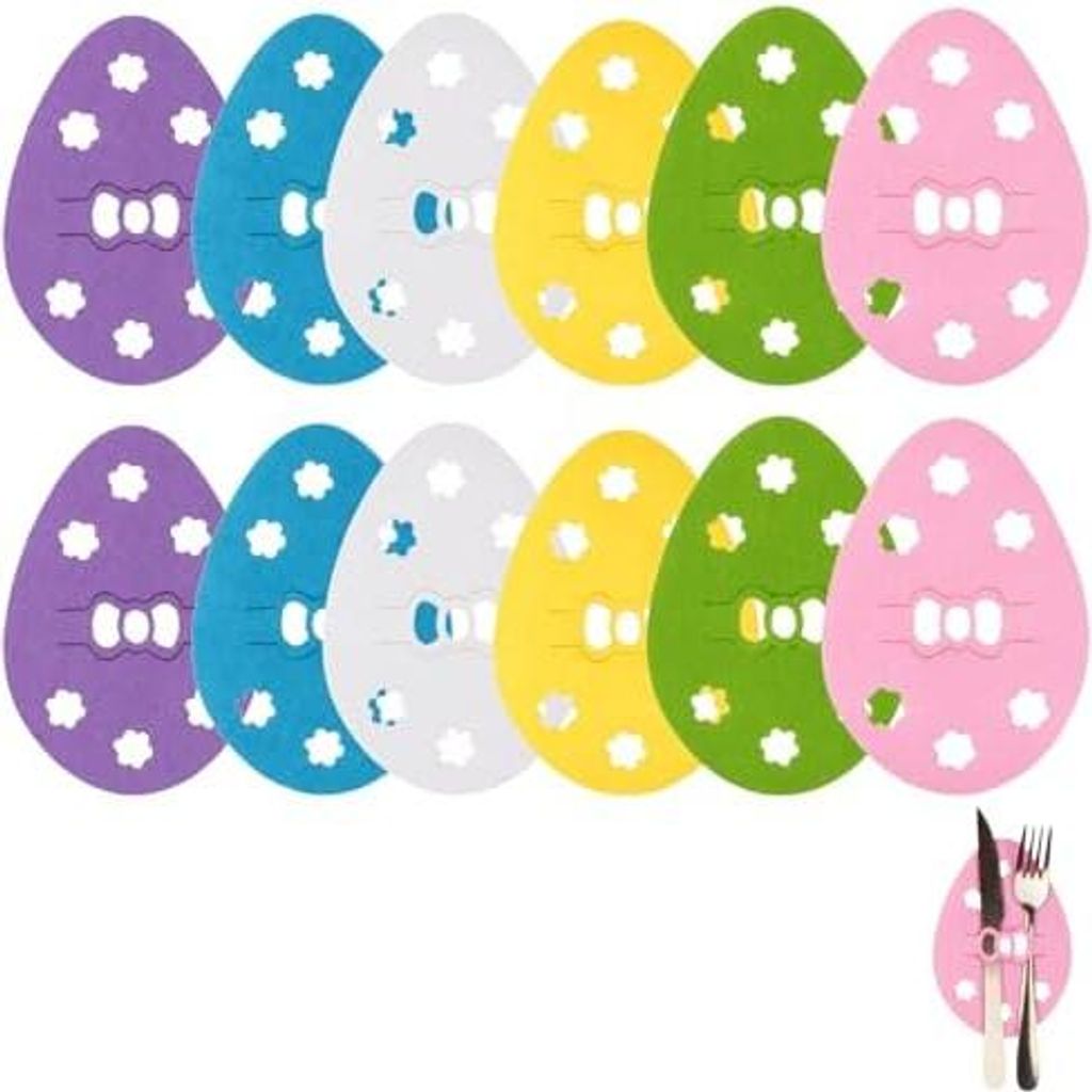 Oster Tischdeko Set, 12 Stück, Filz Bestecktasche, Oster-Ei Design, Multifunktionale Deko für Ostern, Party & Familienessen, Bunt (Gelb, Pink, We...