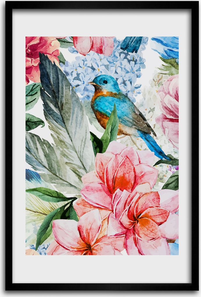 Bild - Bilderrahmen - 40 cm x 60 cm - MDF - Rahmen - Wandkunst - Blumen und Vögel