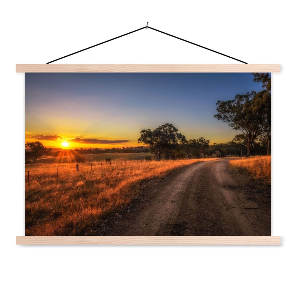 MuchoWow Textilposter Sonne - Gras - Baum - Natur 120x80 cm mit holzfarbenen Rahmen - Aufhängeset
