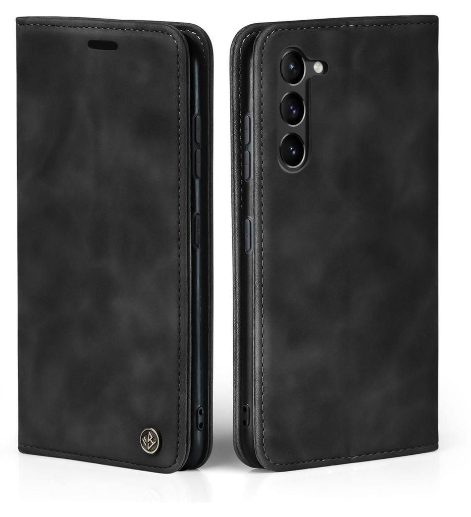 A black flip case for a smartphone is shown from two angles.