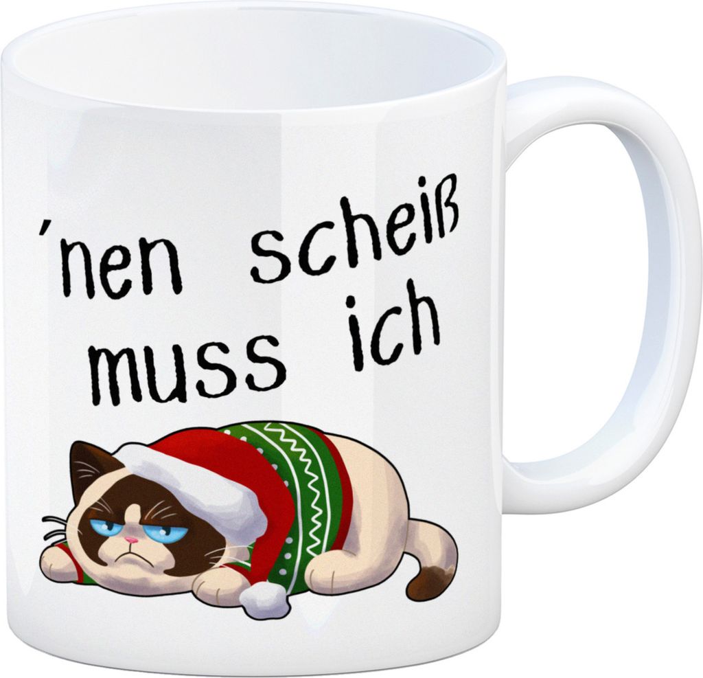 Genervter Kater Kaffeebecher mit Spruch nen scheiß muss ich