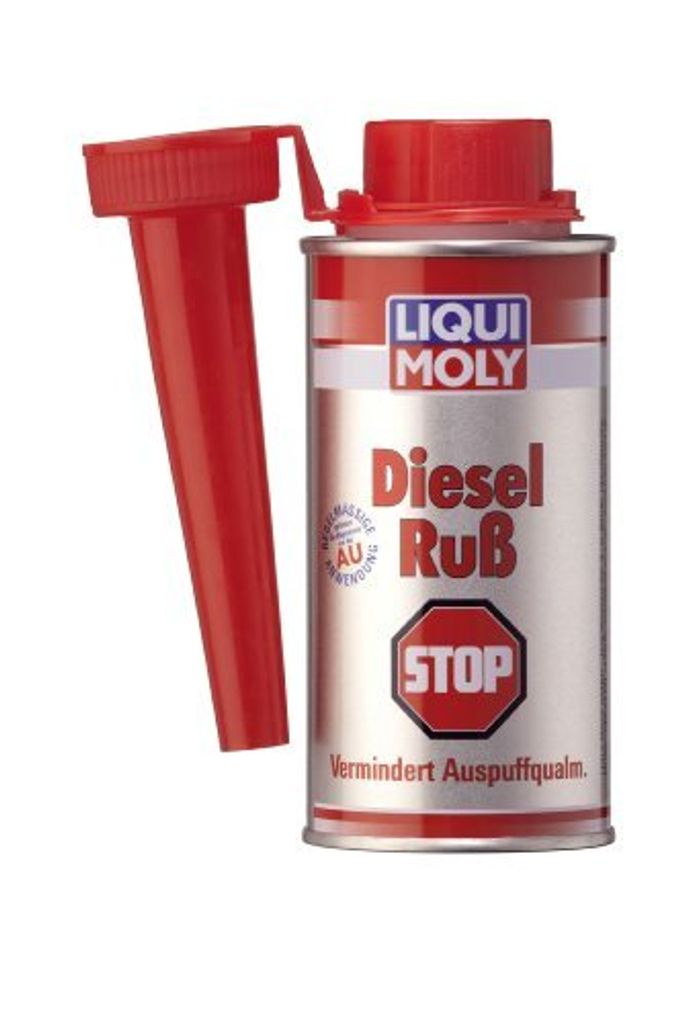 A can of Liqui Moly Diesel Ruß-Stop additive with a red applicator nozzle attached.