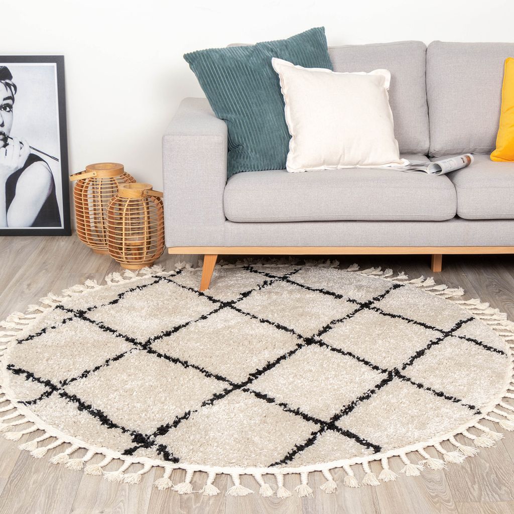 Volero - Teppich Hochflor Rund - Grand Lines Weave Creme Schwarz - Ø 220 cm - Wohnzimmer, Esszimmer, Schlafzimmer - Industrielle, Modern, Skandina...