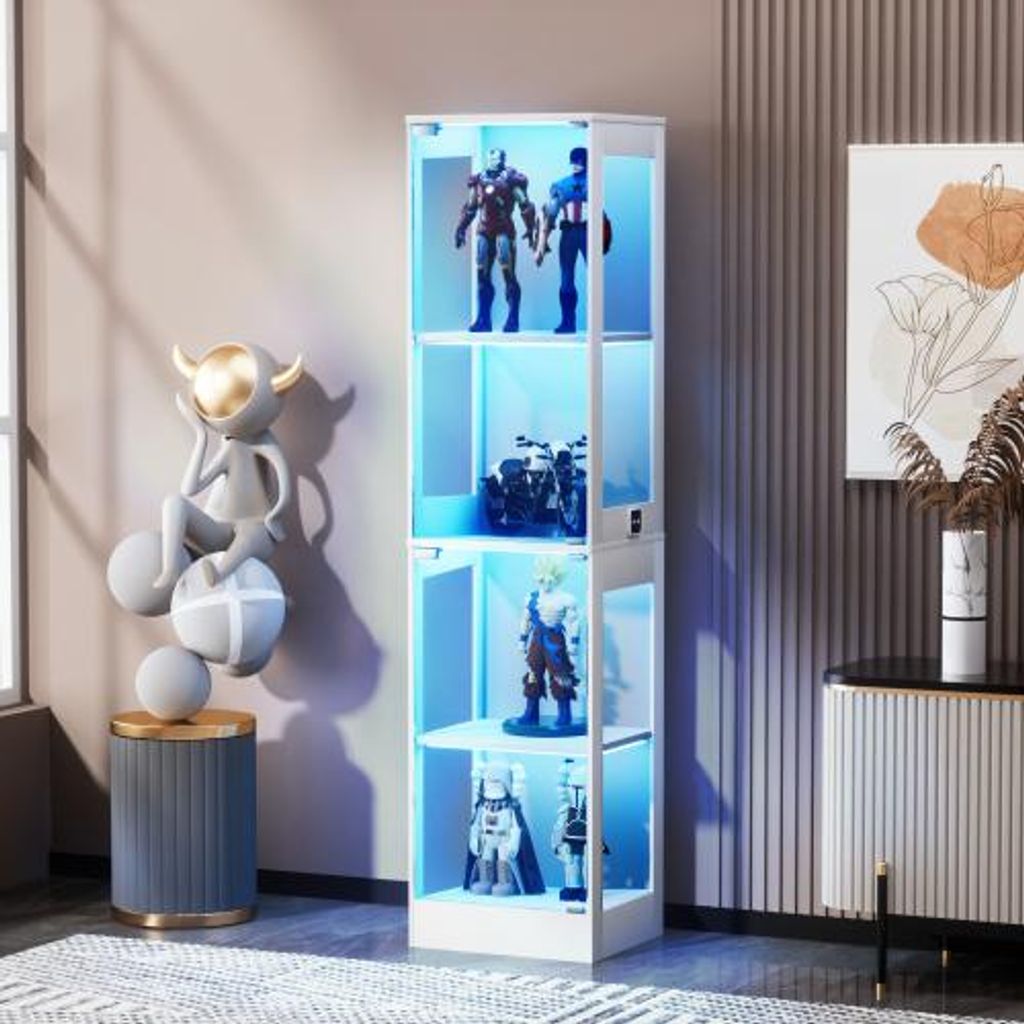 Vierstöckige Glasvitrine mit LED Beleuchtung und intelligenten Sensoren Staubdichte Vitrine mit Glastüren und Stauraum für Wohnzimmer Weiß 40x3...