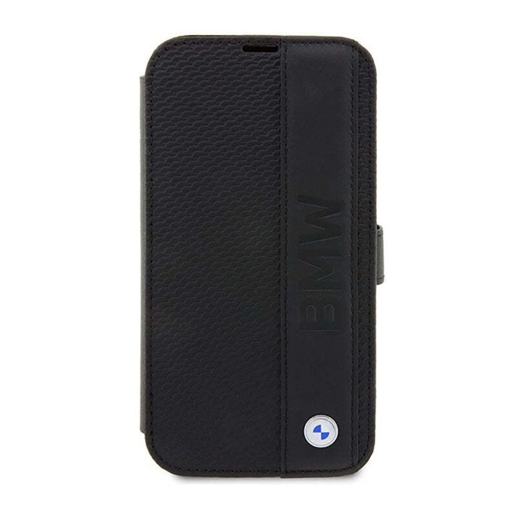 A black leather book-style phone case with the BMW logo.