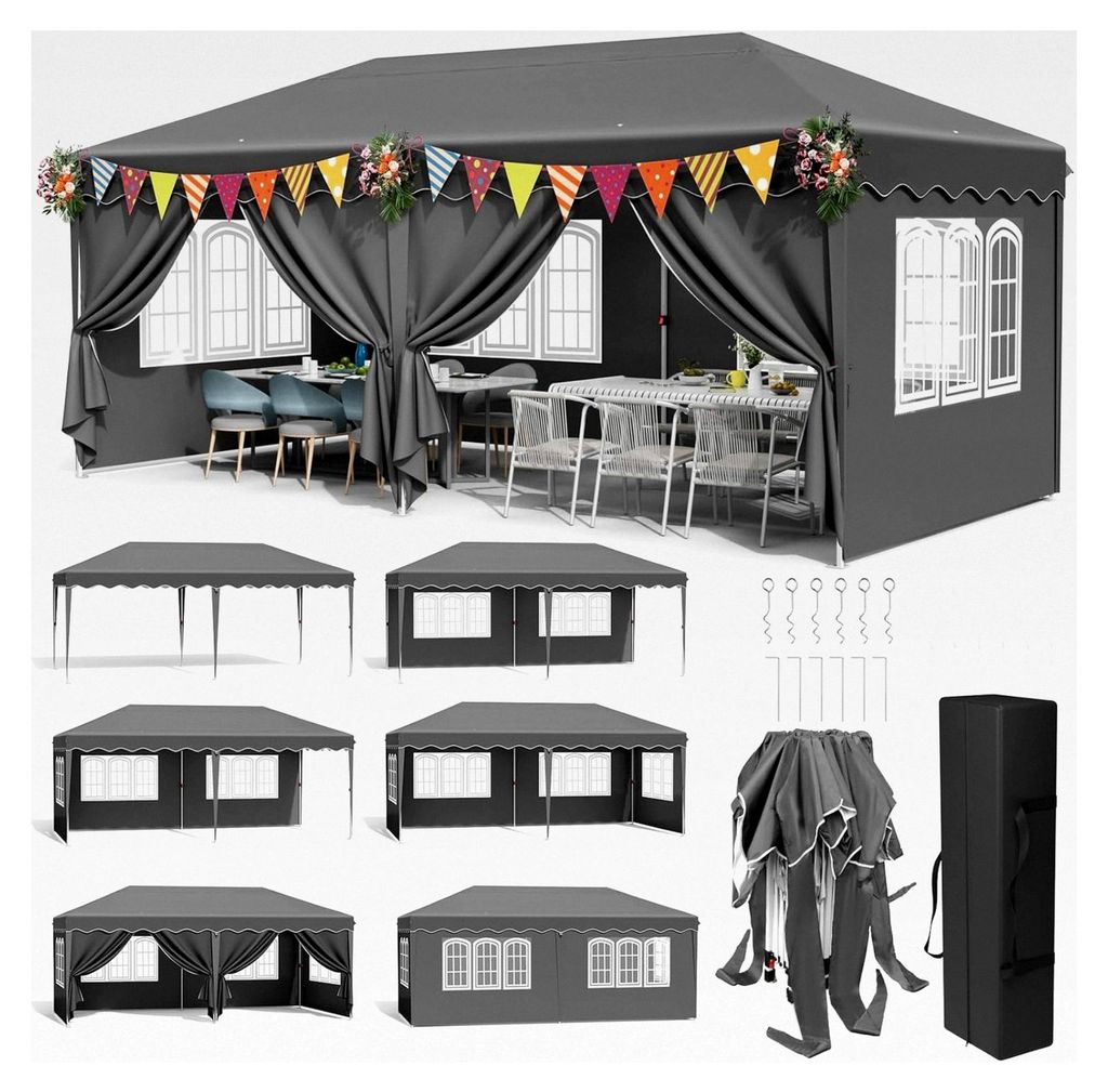 Pavillon 3x6 Wasserdicht Stabil, Faltpavillon mit 6 Seitenteilen, UV-Schutz 50+, Gartenpavillon aus 420D Oxford, Winterfest, Höhenverstellbar, fü...