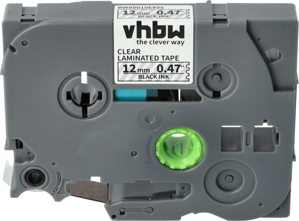 vhbw Schriftband-Kassette kompatibel mit Brother PT E300VP, E110, E300, E115, E105, E200, E100VP Etiketten-Drucker 8m x 12mm Schwarz auf Transparent