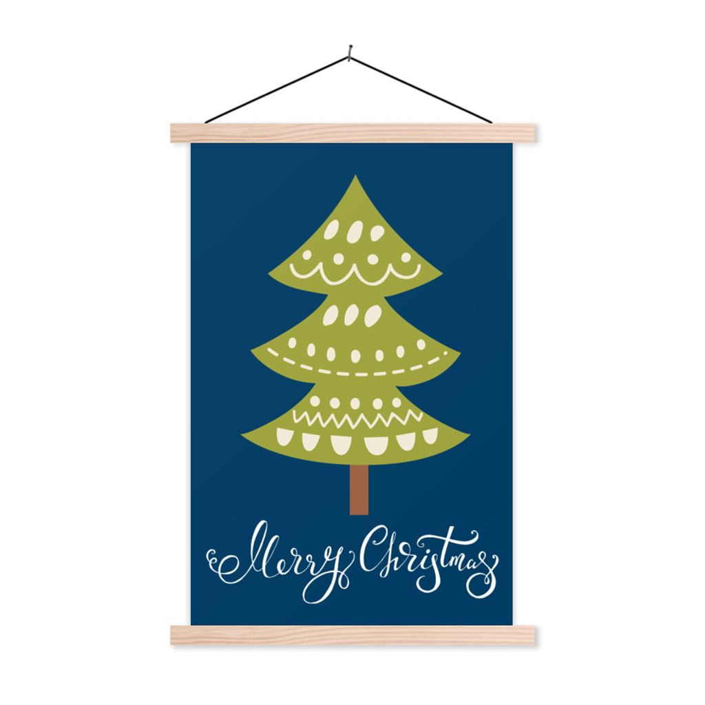 MuchoWow Textilposter Weihnachtsbaum - Weihnachten - Zitate - Frohe Weihnachten - Tannenbaum - Blau 40x60 cm mit holzfarbenen Rahmen - Poster