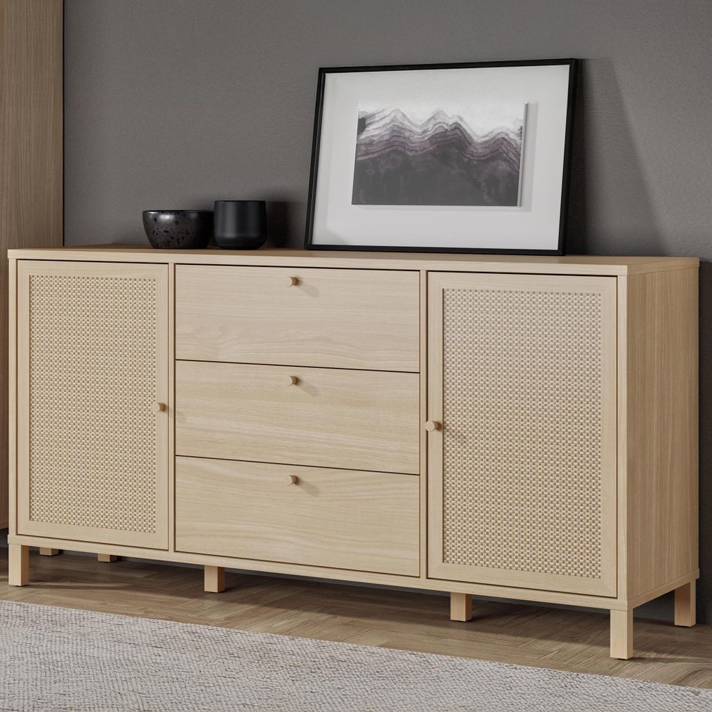 Forte SKELBIT Sideboard 160, große Kommode im Boho-Stil, 2-türig, 3 Schubladen, Holzwerkstoff, Wohn-/Schlafzimmer, Elegancia Eiche Holzdekor|Tech...