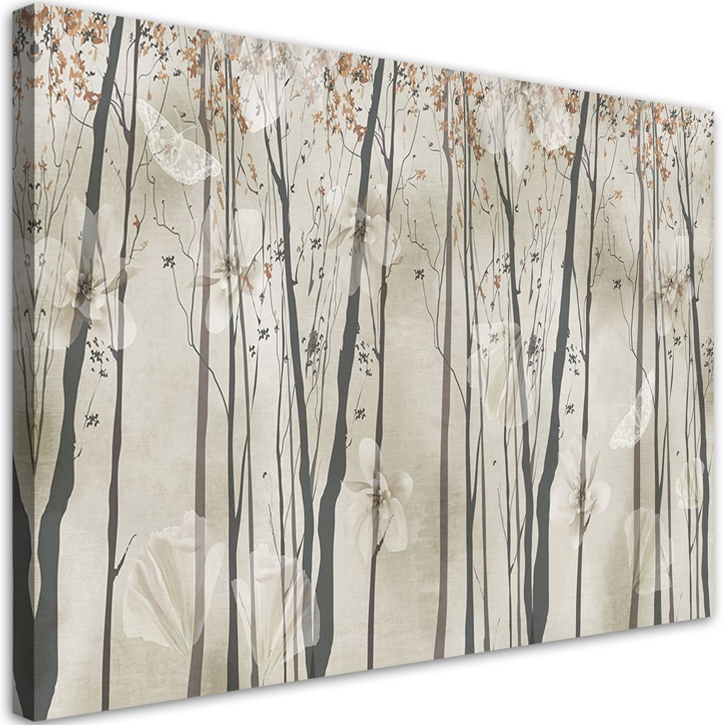 Leinwandbild Bäume, Blumen und Schmetterlinge 120x80 Feeby Beige bild für die wand bereit zum aufhängen