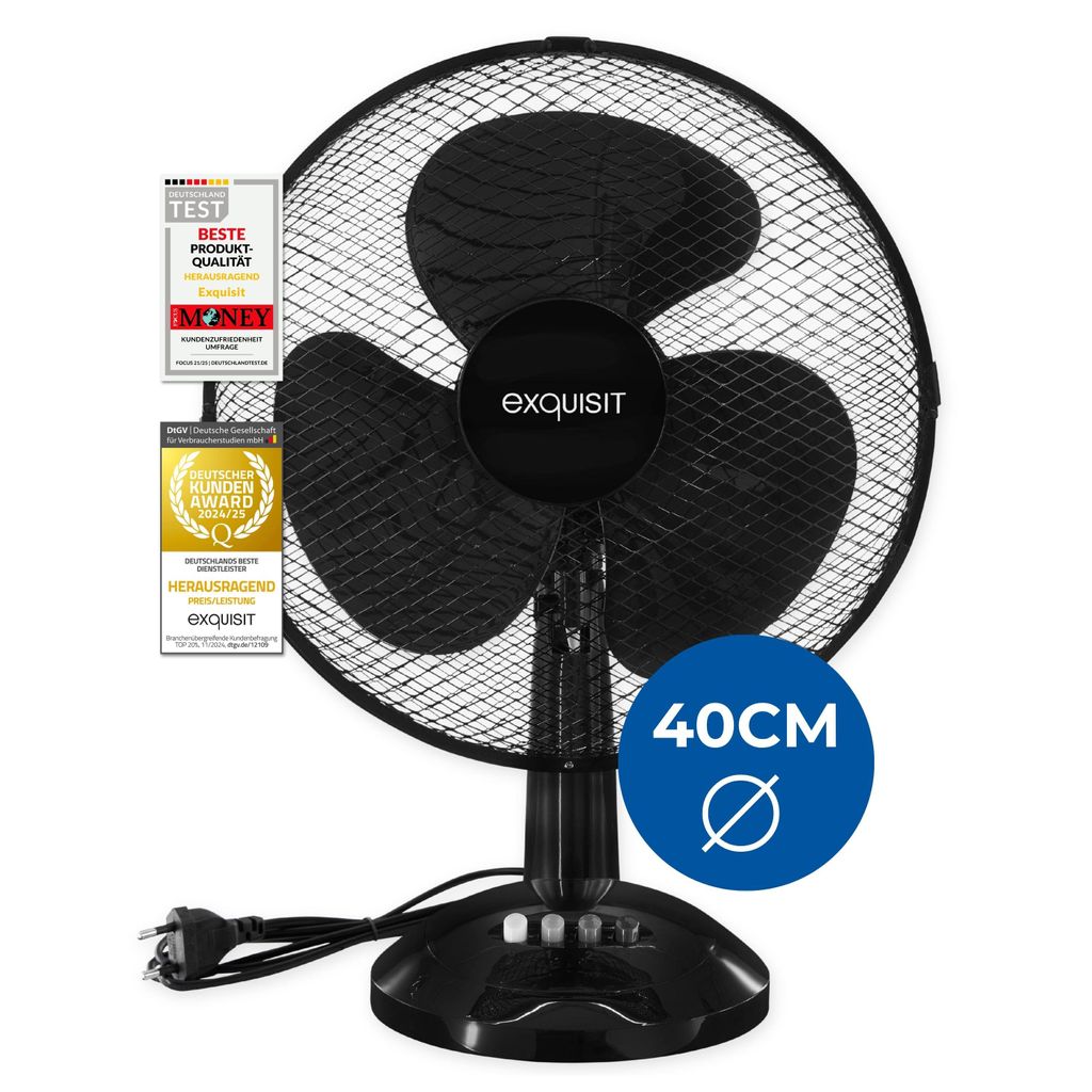 Exquisit Tisch-Ventilator, 40 cm Durchmesser, 50 Watt, 3 Geschwindigkeiten, Oszillation, schwenken, 44 cm Höhe, VT 35083 sw