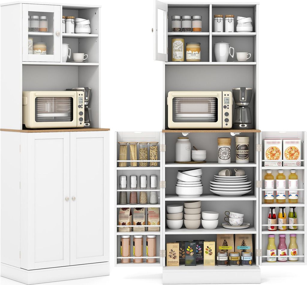 A white kitchen cabinet with glass doors and wooden accents, filled with various kitchen items.