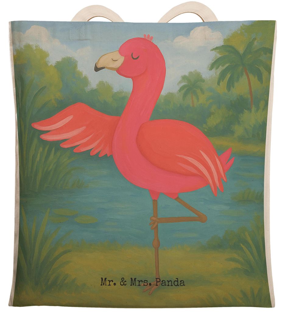 Mr. & Mrs. Panda Einkaufstasche Flamingo Yoga Design - Weiß - Geschenk, Entspannung, Tasche, Tragetasche, Rosa, Yogi, Beuteltasche, Urlaub, Beutel...