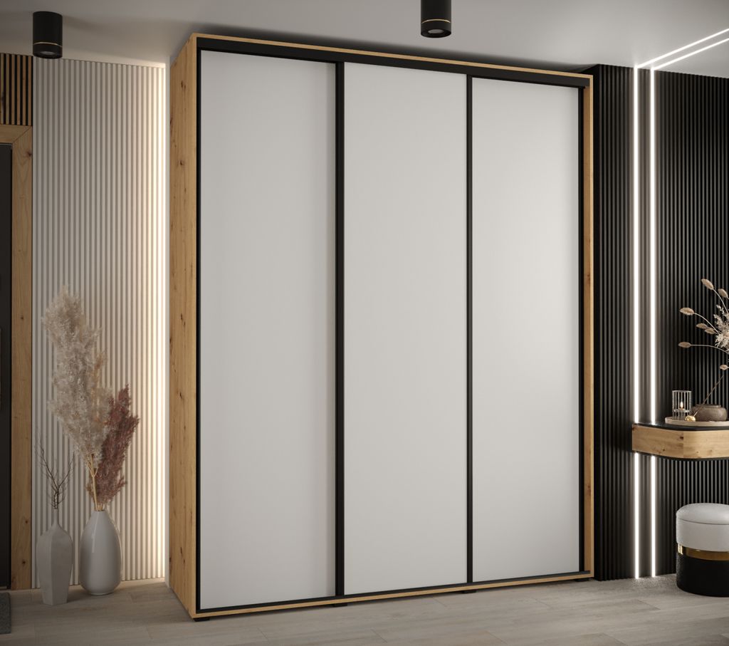 Kleiderschrank YVONA 1 - 200/45 cm, Eiche handwerklich / weiß / schwarz