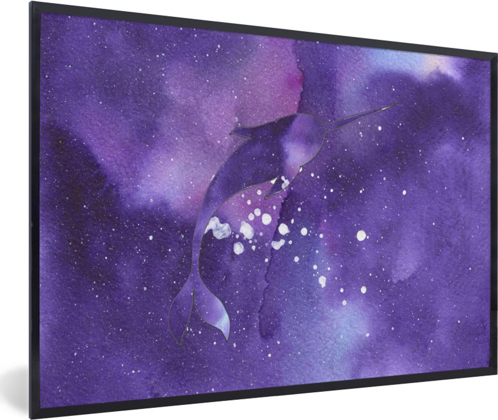MuchoWow MuchoWow Gerahmtes Poster Narwal - Weltraum - Farben 90x60 cm - Poster mit zchwarzem Bilderrahmen - Fotorahmen - Foto-Plakat