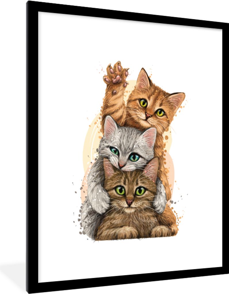 MuchoWow Gerahmtes Poster Katzen - Illustration - Haustiere - Katze 60x80 cm - Poster mit Schwarzem Bilderrahmen Wandposter Rahmen Foto Bilder - ...