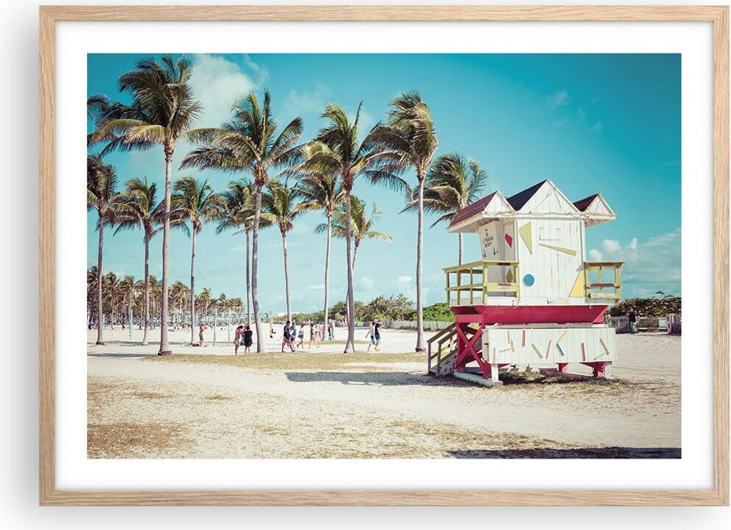 Gerahmtes Poster - Rahmen in heller Eiche - Strand Miami Florida - 70x50 cm - Wand Bild - Wanddeko - Wandbilder - Wandposter - Bilderrahmen - Bilde...